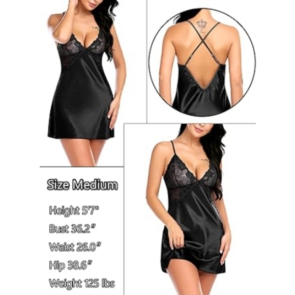 Avidlov Lingerie VNeck Nightwear Satin Lace Chemise Mini Teddy Black Nighty - Picture 5 of 7